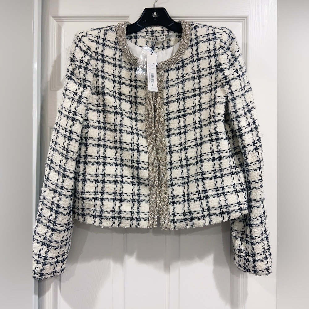 NWT $795 Alice Olivia Kidman Crystal-Embellished Tweed Jacket